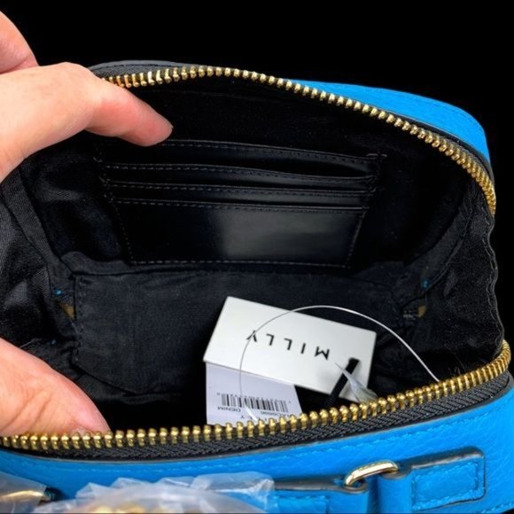 NWT Milly Bright Blue Gold Genuine Pebbled Leather Mini Satchel Purse Handbag - Picture 6 of 12